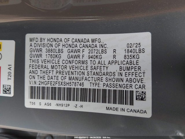 2HGFE2F5XSH578746 Honda Civic Sport