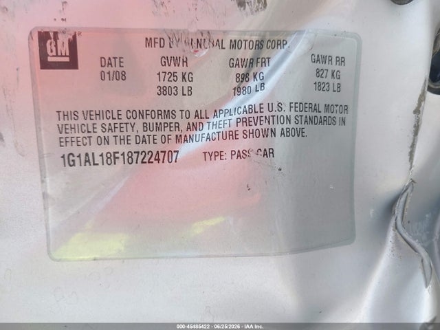 45485422 :رقم المزاد ، 1G1AL18F187224707 vin ، 2008 Chevrolet Cobalt Lt مزاد بيع
