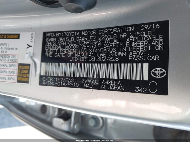 Toyota Prius Two 2017 JTDKBRFU6H3027828 Image 9