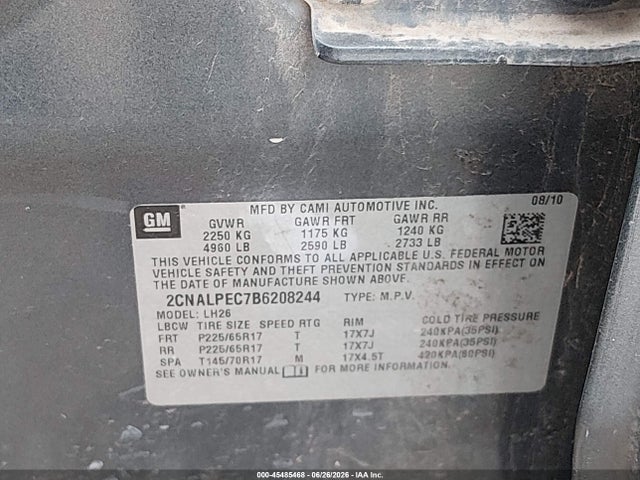 45485468 :رقم المزاد ، 2CNALPEC7B6208244 vin ، 2011 Chevrolet Equinox Lt W/2lt مزاد بيع