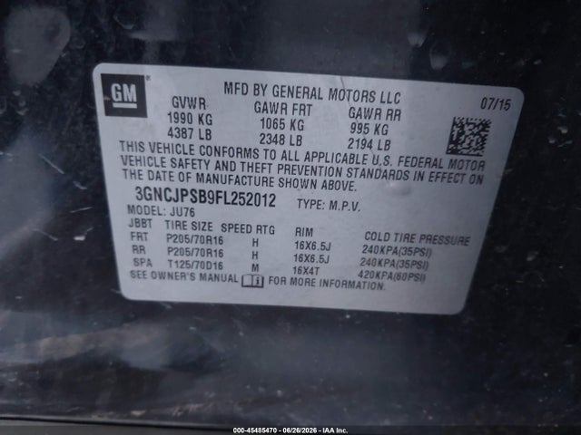 Aukcja sprzedaży 2015 Chevrolet Trax Ls, vin: 3GNCJPSB9FL252012, numer aukcji: 45485470