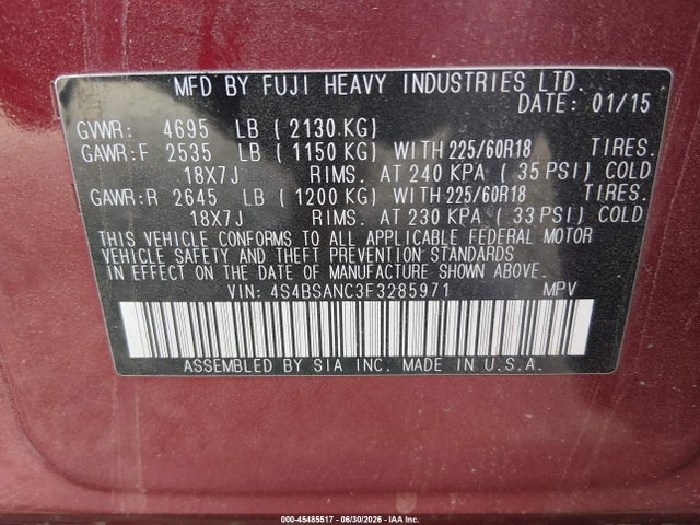 Продажа на аукционе авто 2015 Subaru Outback 2.5i Limited, vin: 4S4BSANC3F3285971, номер лота: 45485517
