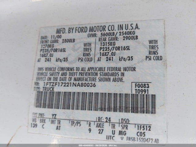 Aukcja sprzedaży 2001 Ford F-150 Xl/xlt, vin: 1FTZF17221NA80036, numer aukcji: 45485553
