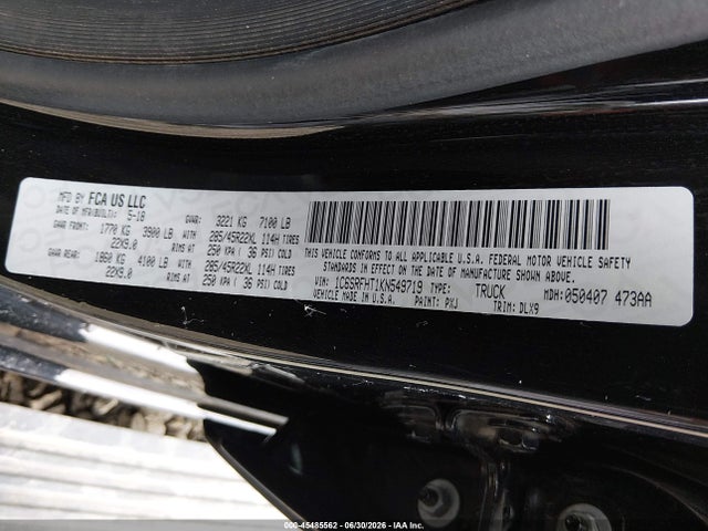 2019 Ram 1500 Limited  4x4 5'7 Box მანქანა იყიდება აუქციონზე, vin: 1C6SRFHT1KN549719, აუქციონის ნომერი: 45485562