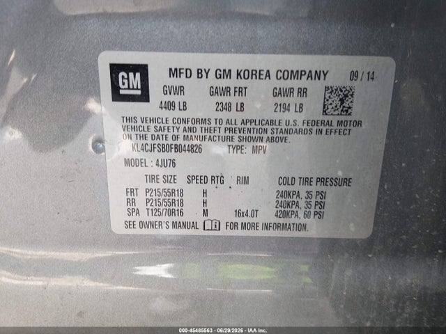 2015 Buick Encore Convenience მანქანა იყიდება აუქციონზე, vin: KL4CJFSB0FB044826, აუქციონის ნომერი: 45485563
