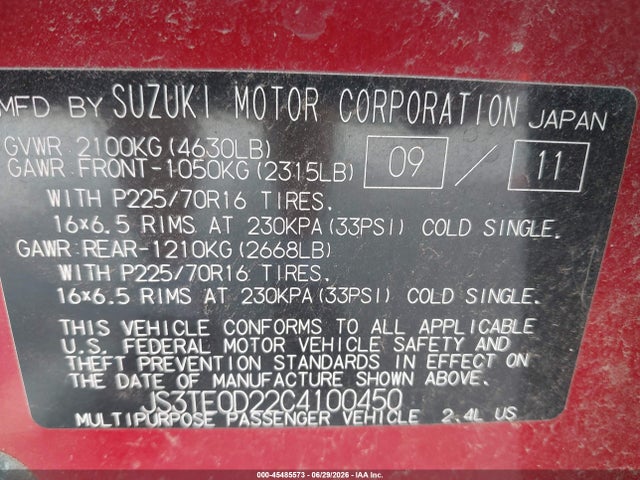 Auction sale of the 2012 Suzuki Grand Vitara Premium, vin: JS3TE0D22C4100450, lot number: 45485573