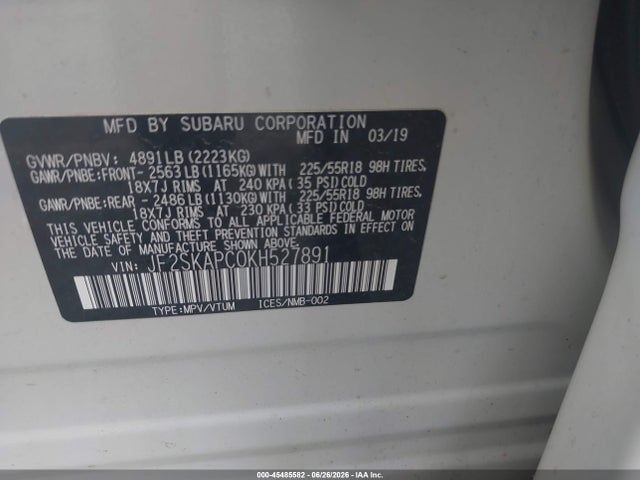 45485582 :رقم المزاد ، JF2SKAPC0KH527891 vin ، 2019 Subaru Forester Sport مزاد بيع