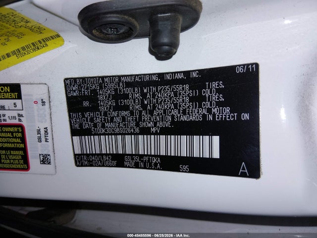 45485596 :رقم المزاد ، 5TDDK3DC9BS026436 vin ، 2011 Toyota Sienna Xle مزاد بيع