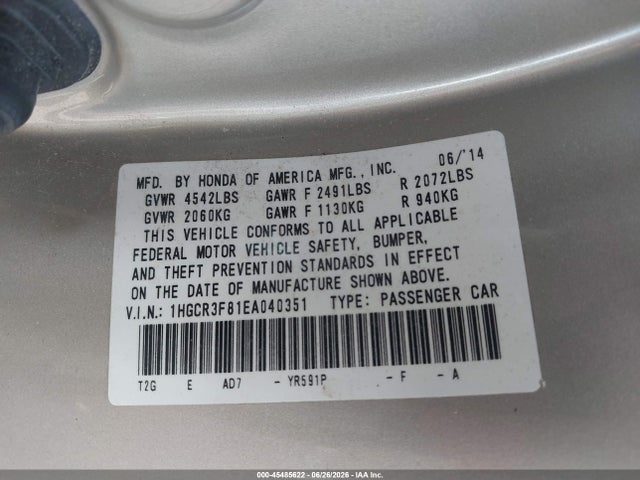 Honda Accord Ex-l V-6 2014 1HGCR3F81EA040351 Image 9