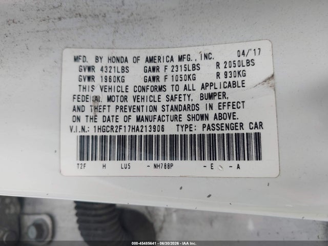 1HGCR2F17HA213906 Honda Accord Sport Se