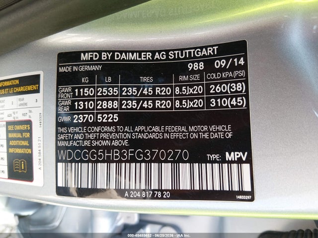 45485652 :رقم المزاد ، WDCGG5HB3FG370270 vin ، 2015 Mercedes-benz Glk 350 مزاد بيع