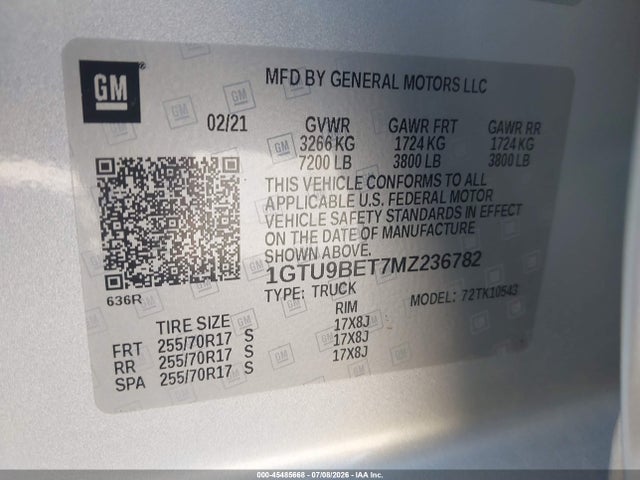 Продажа на аукционе авто 2021 Gmc Sierra 1500 4wd  Short Box Sle, vin: 1GTU9BET7MZ236782, номер лота: 45485668