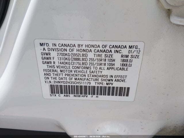 45485671 :رقم المزاد ، 2HNYD2H35CH511179 vin ، 2012 Acura Mdx Technology Package مزاد بيع