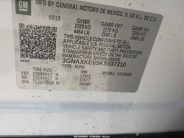 Aukcja sprzedaży 2019 Chevrolet Equinox Lt, vin: 3GNAXKEV5KS537210, numer aukcji: 45485685