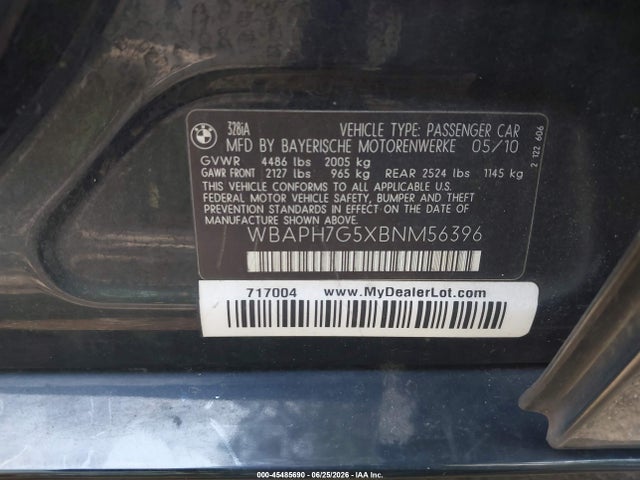 45485690 :رقم المزاد ، WBAPH7G5XBNM56396 vin ، 2011 Bmw 328i مزاد بيع