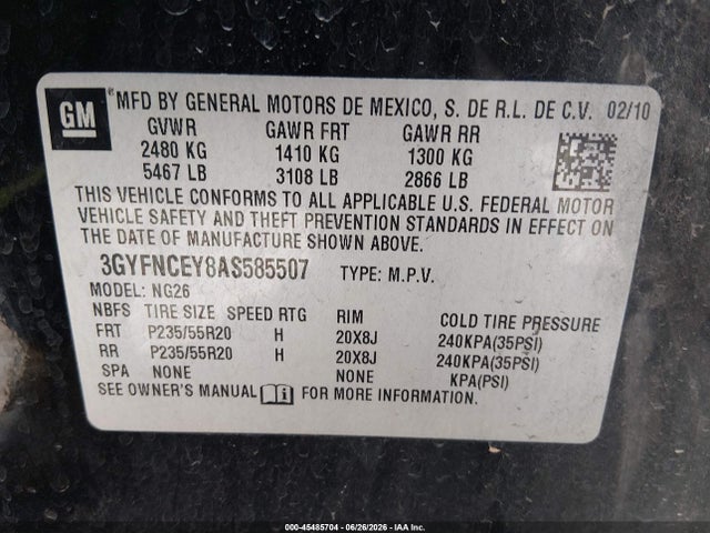 2010 Cadillac Srx Premium Collection მანქანა იყიდება აუქციონზე, vin: 3GYFNCEY8AS585507, აუქციონის ნომერი: 45485704