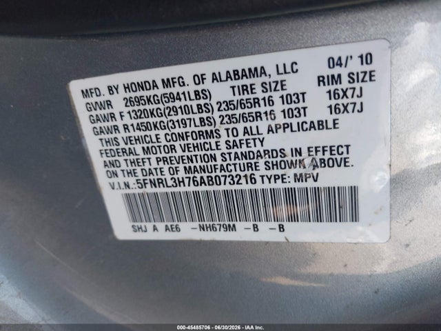 Aukcja sprzedaży 2010 Honda Odyssey Ex-l, vin: 5FNRL3H76AB073216, numer aukcji: 45485706