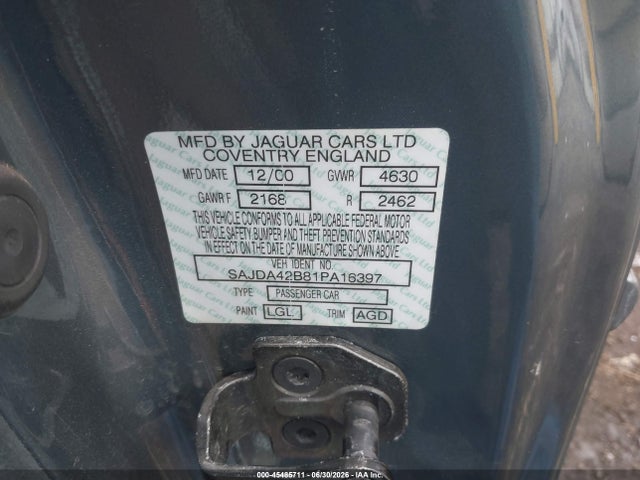 Aukcja sprzedaży 2001 Jaguar Xkr, vin: SAJDA42B81PA16397, numer aukcji: 45485711