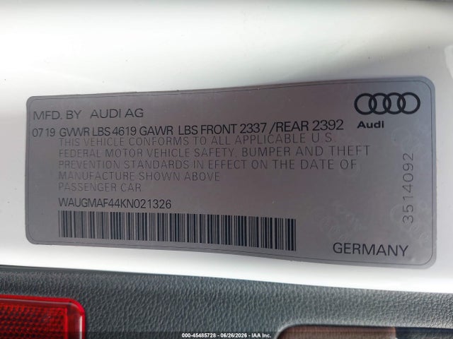45485728 :رقم المزاد ، WAUGMAF44KN021326 vin ، 2019 Audi A4 40 Premium/40 Titanium Premium مزاد بيع