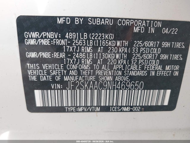 45485729 :رقم المزاد ، JF2SKAAC9NH469650 vin ، 2022 Subaru Forester مزاد بيع