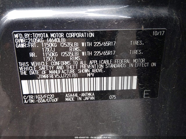 45485758 :رقم المزاد ، JTMRFREV5JJ721781 vin ، 2018 Toyota Rav4 Xle مزاد بيع