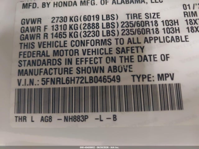 Продаж на аукціоні авто 2020 Honda Odyssey Ex-l/ex-l W/navi   Res, vin: 5FNRL6H72LB046549, номер лоту: 45485802