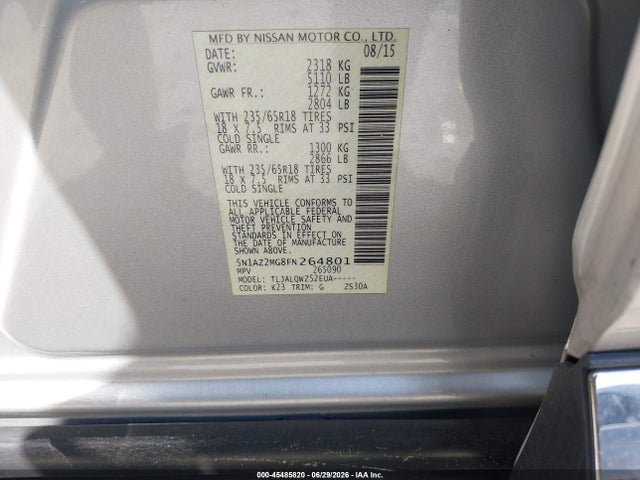 Продажа на аукционе авто 2015 Nissan Murano Sv, vin: 5N1AZ2MG8FN264801, номер лота: 45485820