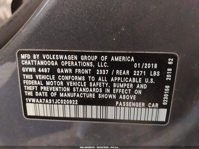 2018 Volkswagen Passat 2.0t R-line/2.0t S მანქანა იყიდება აუქციონზე, vin: 1VWAA7A31JC020922, აუქციონის ნომერი: 45485833