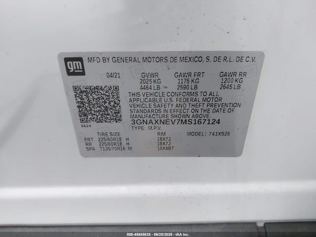 3GNAXNEV7MS167124 Chevrolet Equinox Fwd Premier