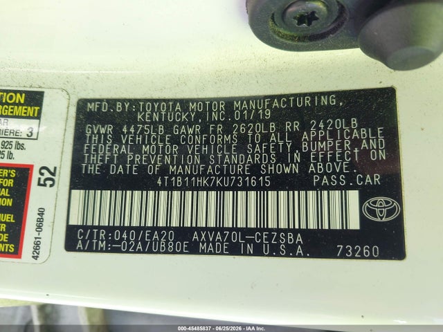4T1B11HK7KU731615 Toyota CAMRY SE