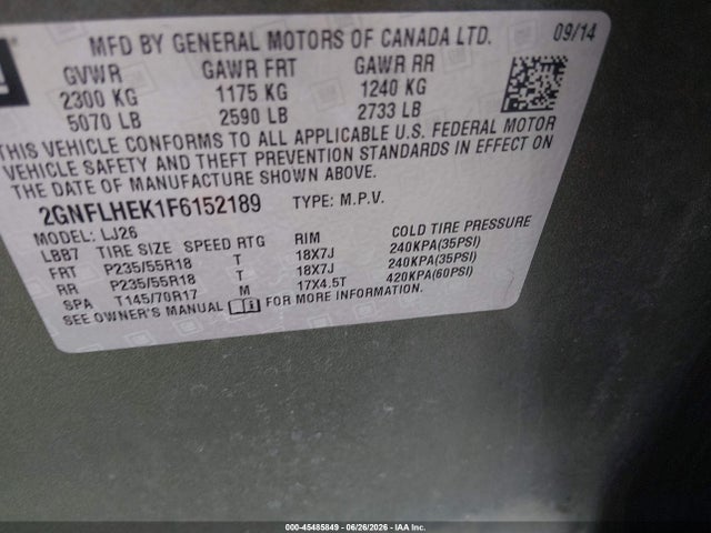 45485849 :رقم المزاد ، 2GNFLHEK1F6152189 vin ، 2015 Chevrolet Equinox Ltz مزاد بيع