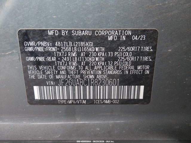Продажа на аукционе авто 2024 Subaru Crosstrek, vin: JF2GUABC1R8230601, номер лота: 45485864