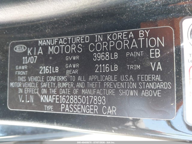 Продажа на аукционе авто 2008 Kia Spectra5 Sx, vin: KNAFE162885017893, номер лота: 45485870