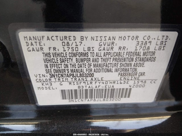 3N1CN7AP8JL803200 Nissan Versa 1.6 S