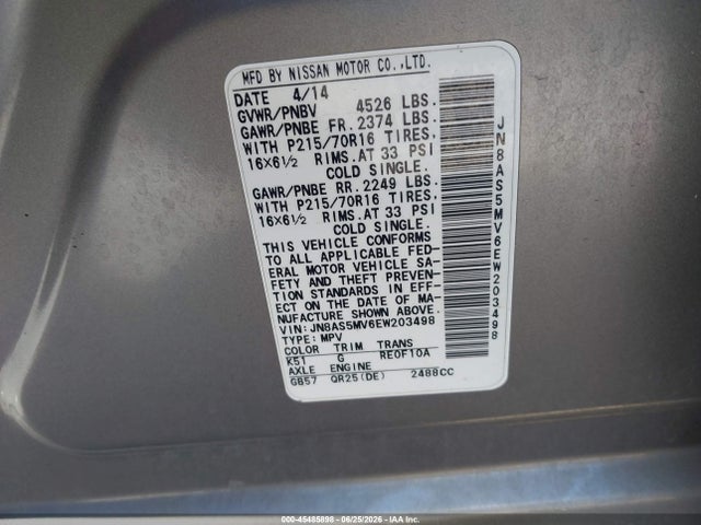 2014 Nissan Rogue Select S მანქანა იყიდება აუქციონზე, vin: JN8AS5MV6EW203498, აუქციონის ნომერი: 45485898