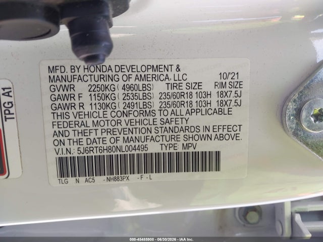 5J6RT6H80NL004495 Honda Cr-v Hybrid Ex-l