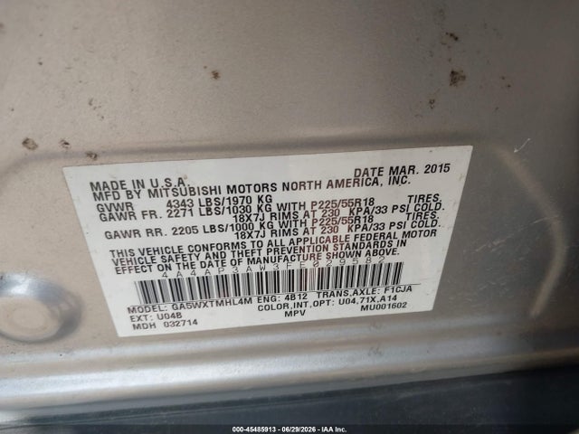 4A4AP3AW3FE029582 Mitsubishi Outlander Sport Es