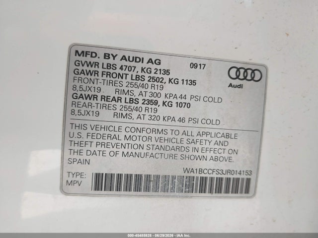 45485928 :رقم المزاد ، WA1BCCFS3JR014153 vin ، 2018 Audi Q3 2.0t Premium/2.0t Sport Premium مزاد بيع
