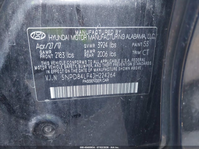 45485934 :رقم المزاد ، 5NPD84LF4JH224264 vin ، 2018 Hyundai Elantra Sel مزاد بيع