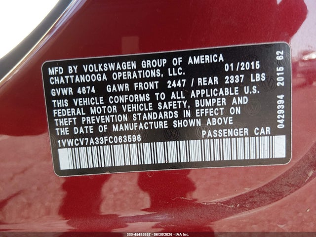 1VWCV7A33FC063596 Volkswagen Passat 2.0l Tdi Sel Premium