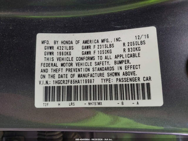 1HGCR2F85HA119987 Honda Accord Ex-l