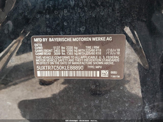 45485994 :رقم المزاد ، 5UXTR7C50KLE88890 vin ، 2019 Bmw X3 Sdrive30i مزاد بيع