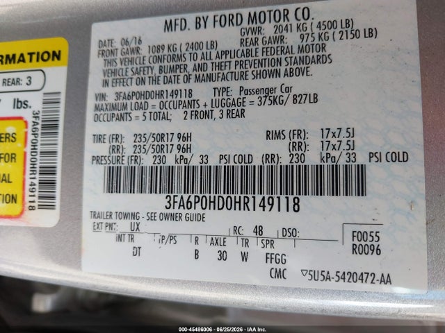 Aukcja sprzedaży 2017 Ford Fusion Se, vin: 3FA6P0HD0HR149118, numer aukcji: 45486006