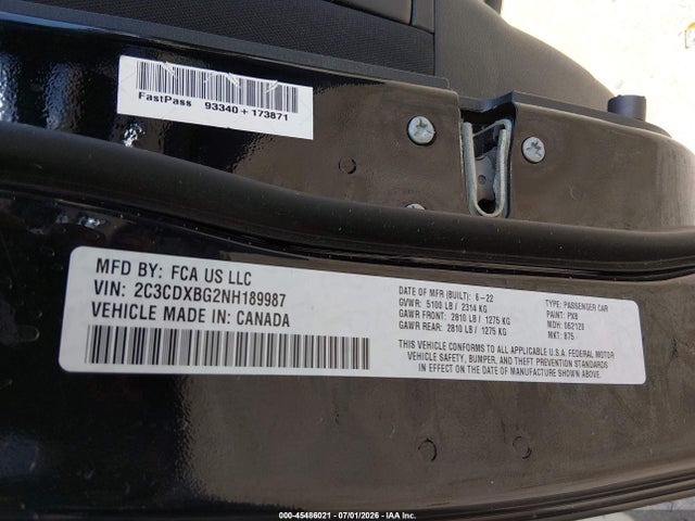 45486021 :رقم المزاد ، 2C3CDXBG2NH189987 vin ، 2022 Dodge Charger Sxt Rwd مزاد بيع