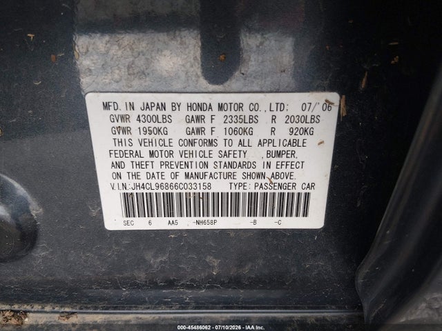 Aukcja sprzedaży 2006 Acura Tsx, vin: JH4CL96866C033158, numer aukcji: 45486062