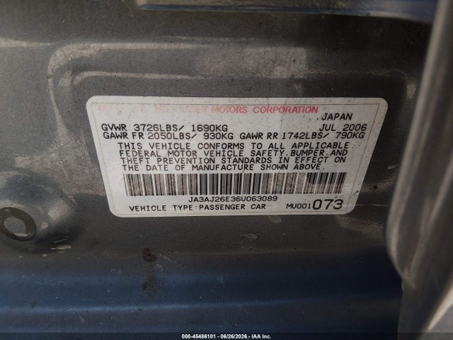 Aukcja sprzedaży 2006 Mitsubishi Lancer Es/se, vin: JA3AJ26E36U063089, numer aukcji: 45486101