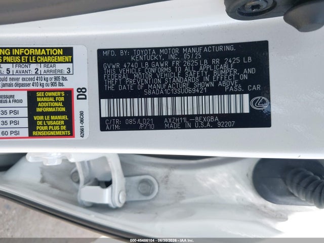Продаж на аукціоні авто 2025 Lexus Es 300h, vin: 58ADA1C13SU069421, номер лоту: 45486104