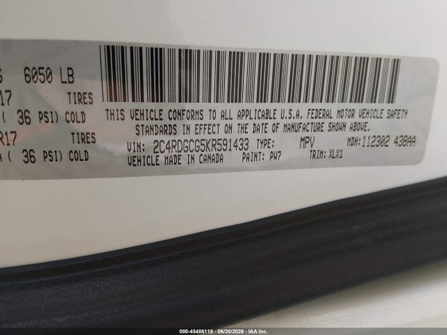 Продажа на аукционе авто 2019 Dodge Grand Caravan Sxt, vin: 2C4RDGCG5KR591433, номер лота: 45486118