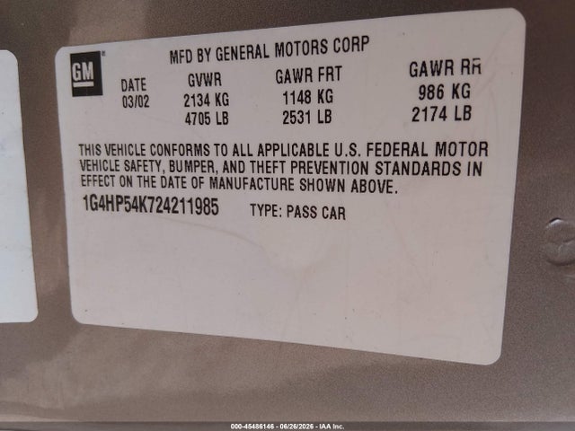 Aukcja sprzedaży 2002 Buick Lesabre Custom, vin: 1G4HP54K724211985, numer aukcji: 45486146