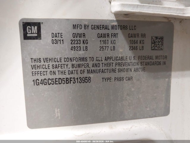 2011 Buick Lacrosse Cxl მანქანა იყიდება აუქციონზე, vin: 1G4GC5ED5BF313958, აუქციონის ნომერი: 45486149